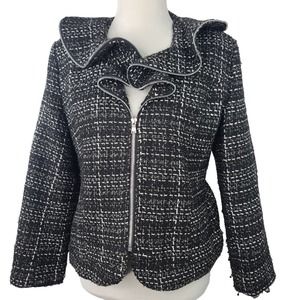 Trenz Theresa Renz Jacket Tweed Black White Ruffle Collar Zipper XL Plaid Career